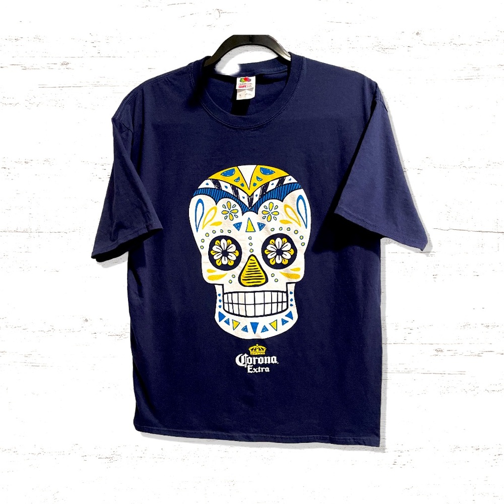 Corona Extra Mexican Sugar Skull Cinco de Mayo Blue Men’s T Shirt Size Large
